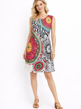 Papillon Blanc Multicolor Sleeveless Mandala Tunic with Black & White Accents